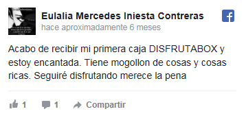Eulalia Mercedes Iniesta Contreras: Acabo de recibir mi primera caja DISFRUTABOX y estoy encantada. Tiene mogollon de cosas y cosas ricas. Seguiré disfrutando merece la pena.